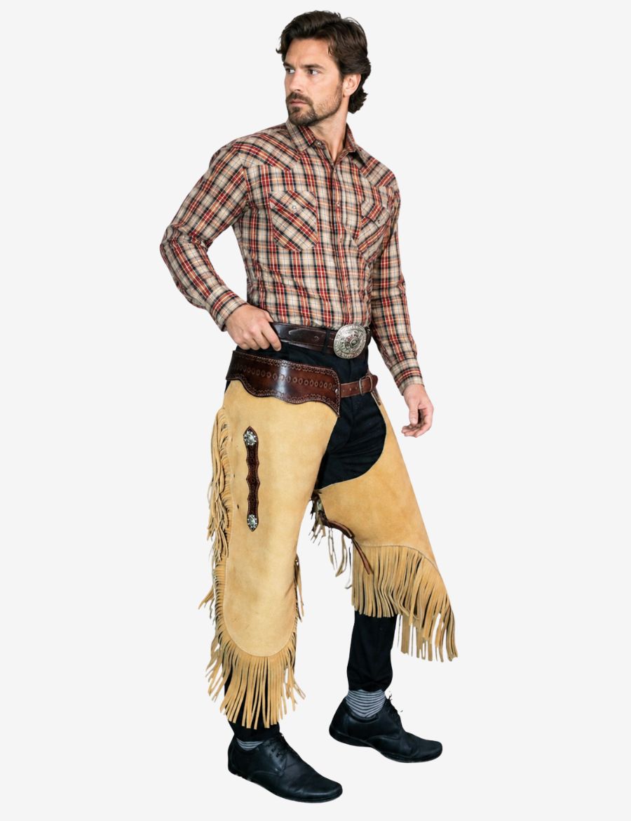 Angled front model view wearing ranch rider leather chinks chaps with suede fringe and western cowboy styling.