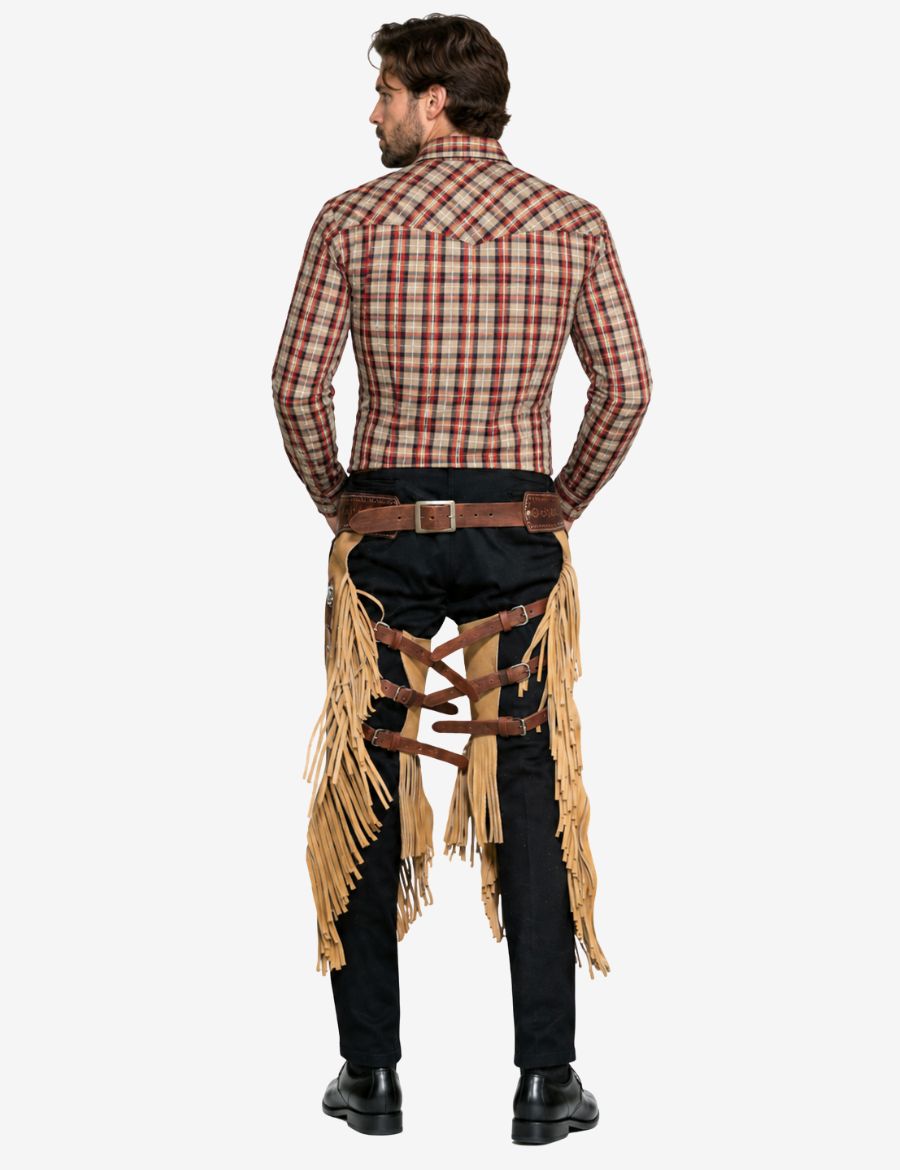 Back model view of ranch rider leather chinks chaps featuring rear buckle straps, flowing fringe, and cowboy fit.