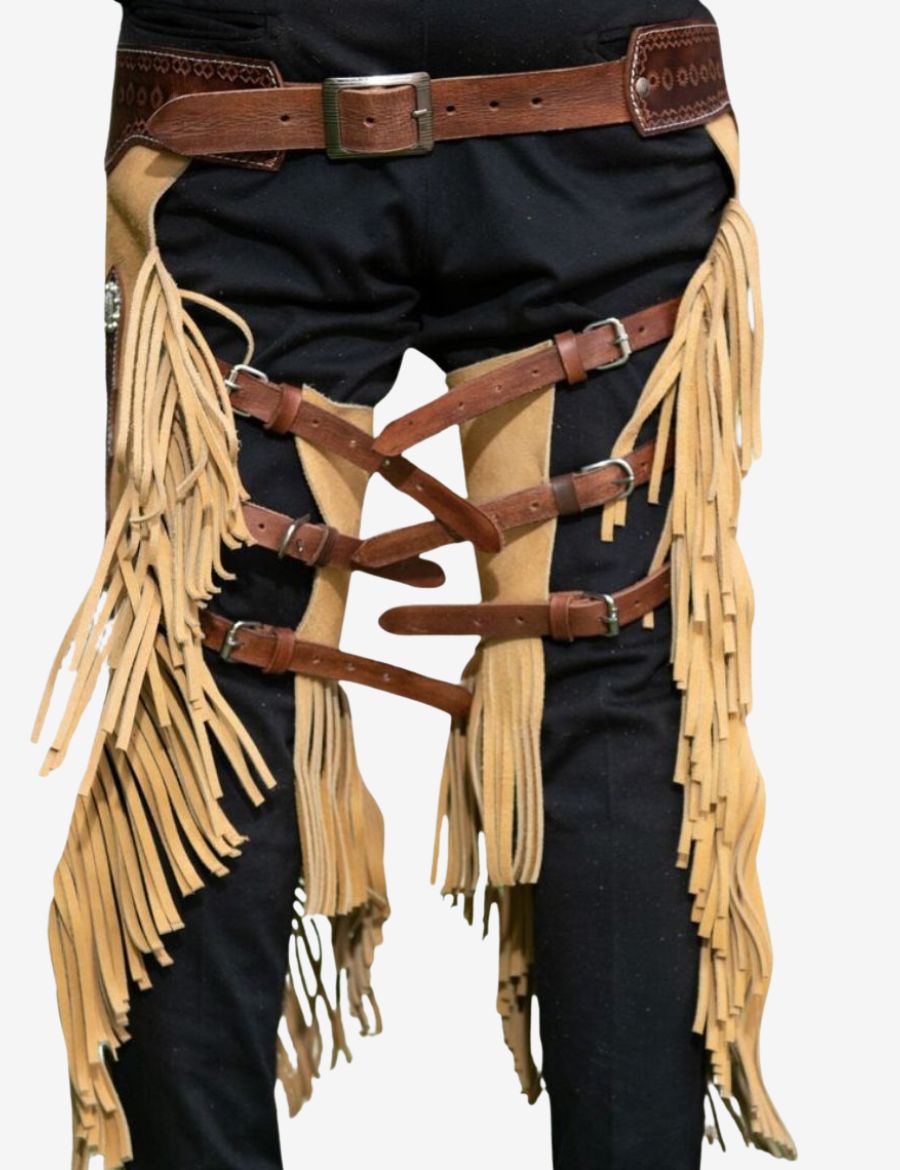 Close back detail of ranch rider leather chinks chaps showing adjustable rear leg straps and layered fringe styling.