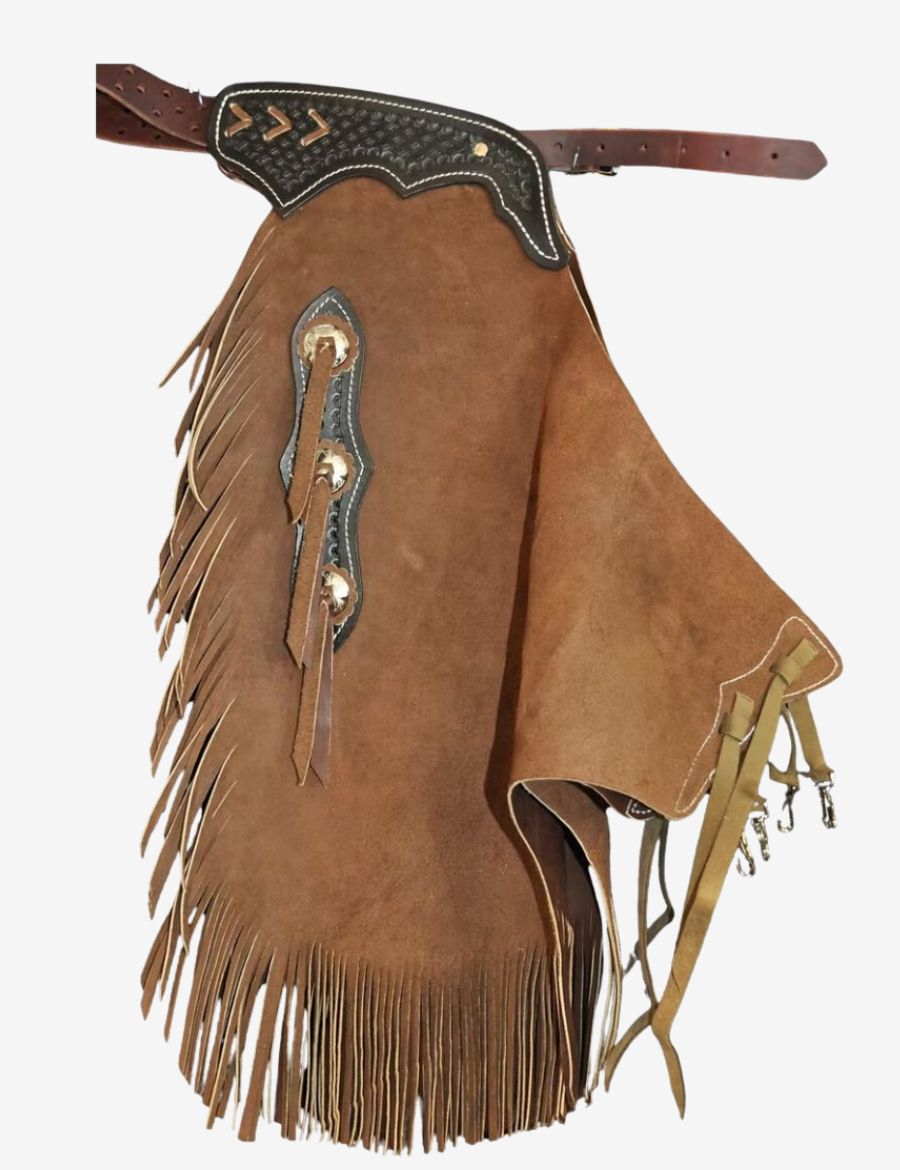 Front view of ranch rider suede chinks chaps with fringe, western tooling, and handcrafted cowboy styling.