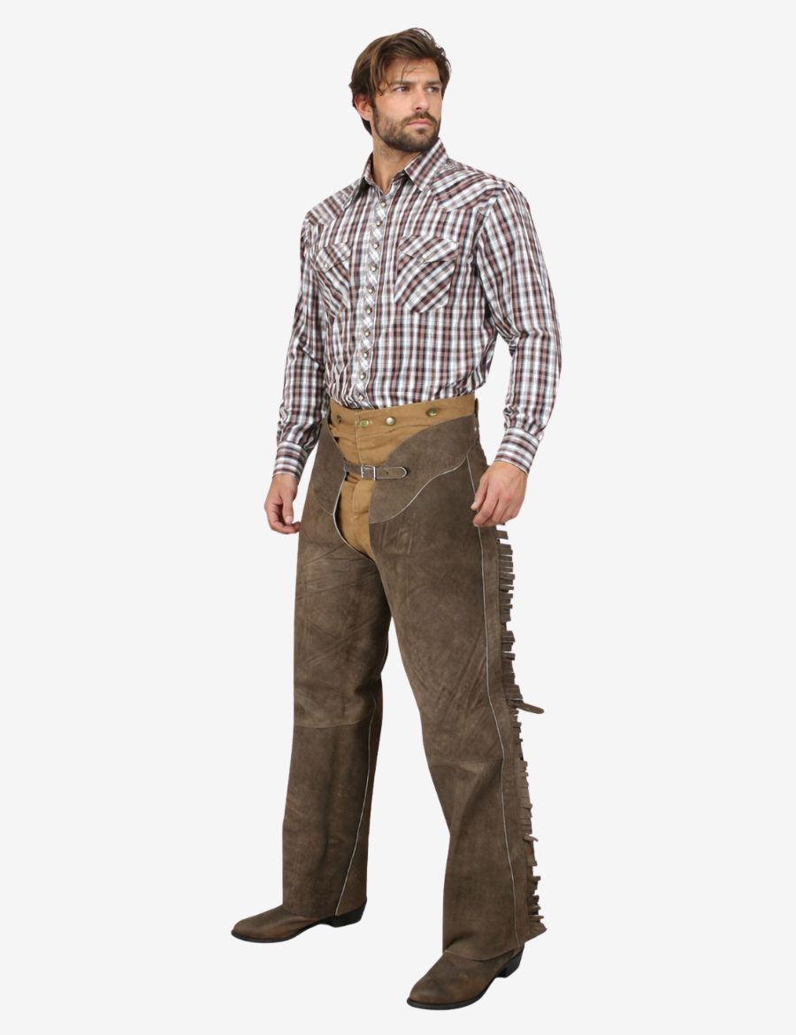 Front view of ranch style cowboy working chaps crafted in rugged brown suede with durable western workwear styling.