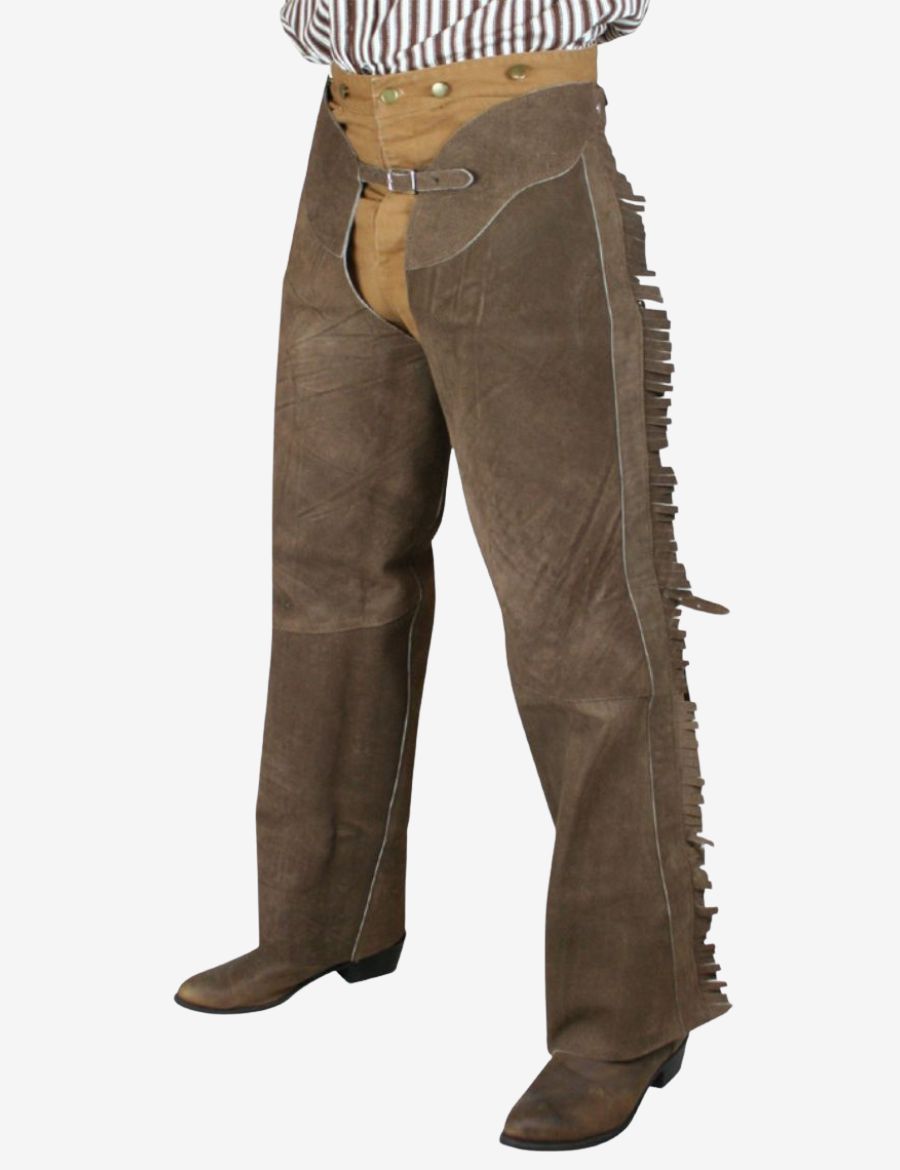Front view of ranch style cowboy working chaps crafted in rugged brown suede with durable western workwear styling.