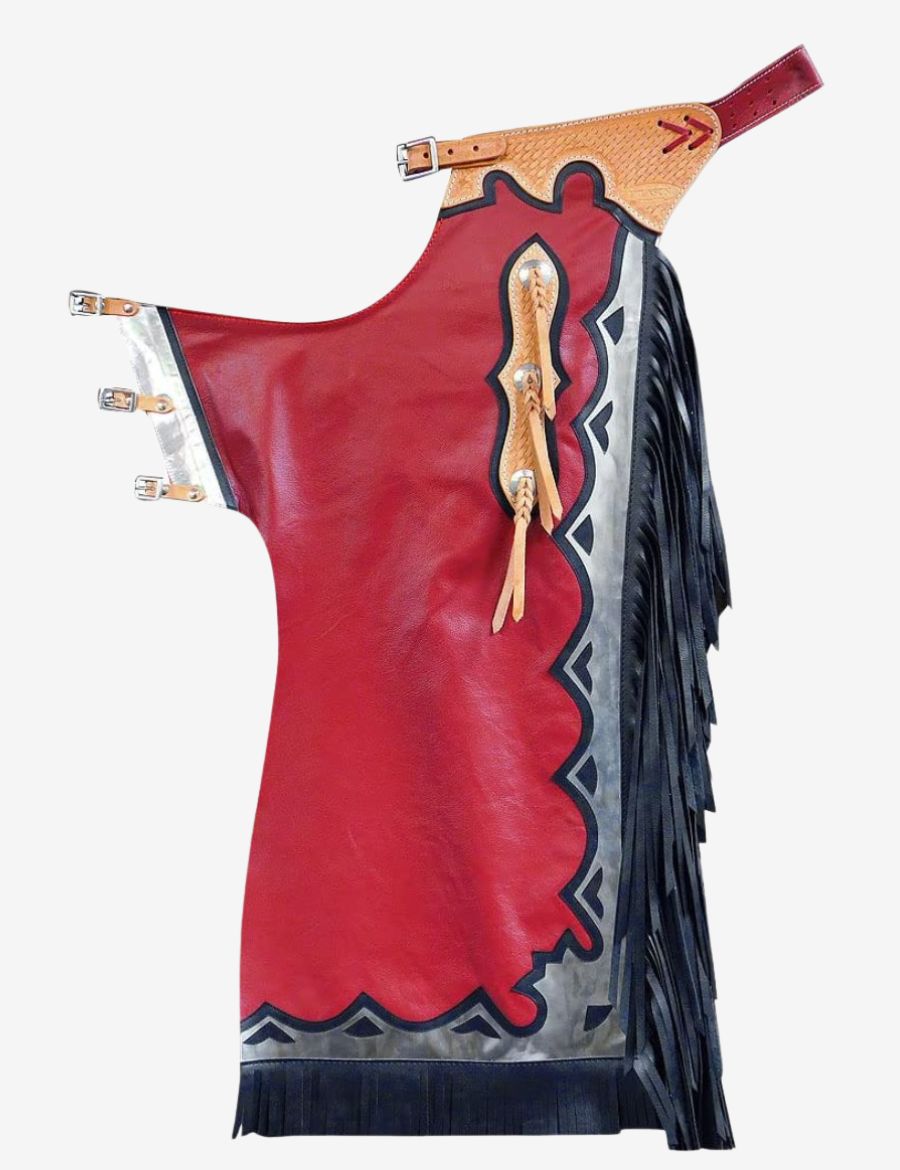 Red leather bull riding chaps with black fringe, silver overlays, and braided western concho accents.