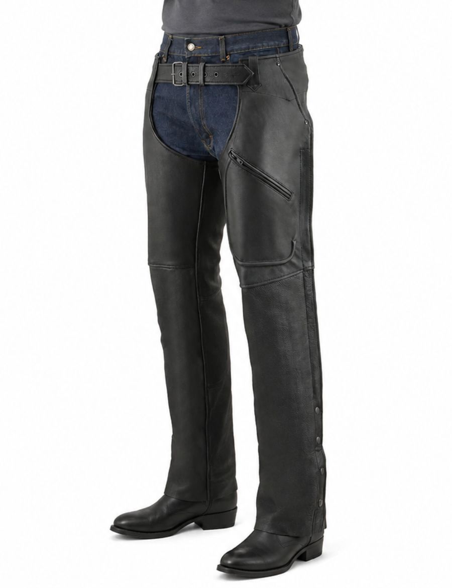Angled front view of reinforced utility mens motorcycle chaps highlighting zip pocket and reinforced leather panels.