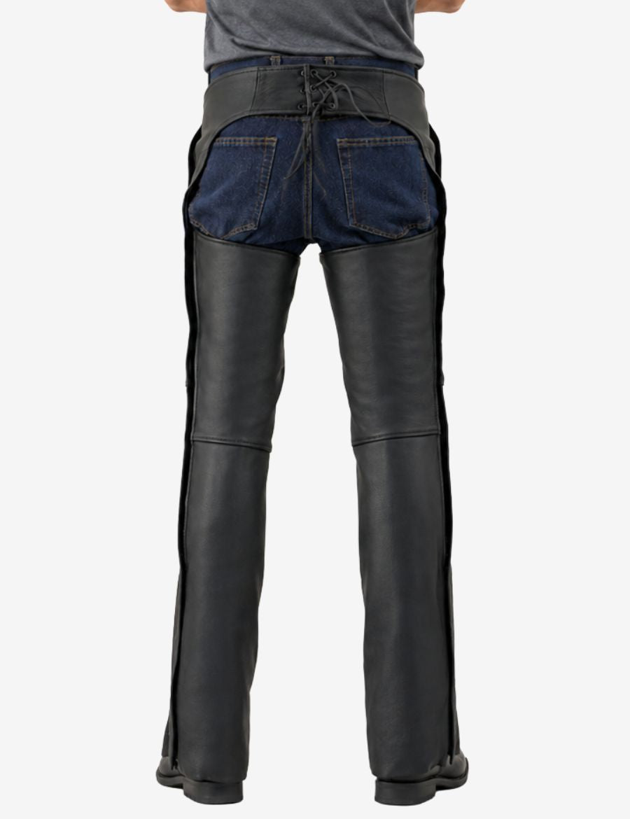 Back view of reinforced utility mens motorcycle chaps with adjustable lace back and protective riding coverage.