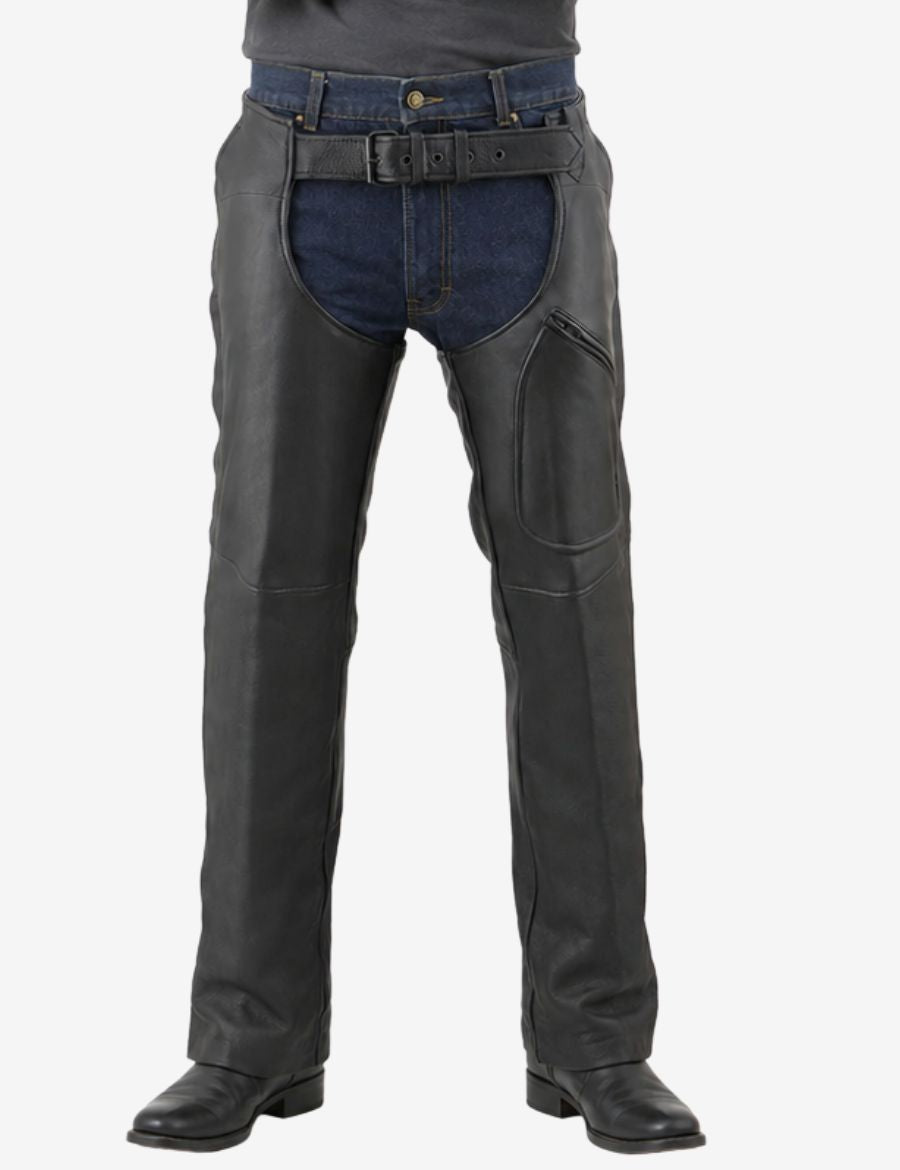 Front view of reinforced utility mens motorcycle chaps featuring durable leather build and utility pocket detail.