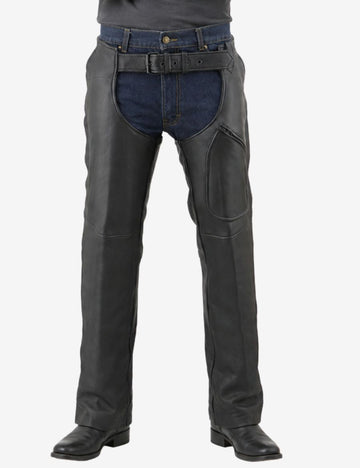 Front view of reinforced utility mens motorcycle chaps featuring durable leather build and utility pocket detail.