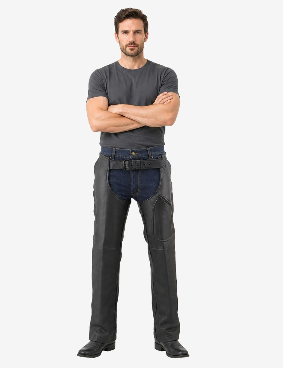 Front view of reinforced utility mens motorcycle chaps featuring durable leather build and utility pocket detail.