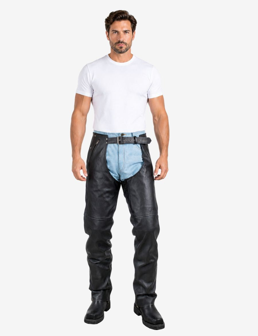 Front view of rider fit cowhide leather chaps for men with smooth black leather and adjustable waist belt.