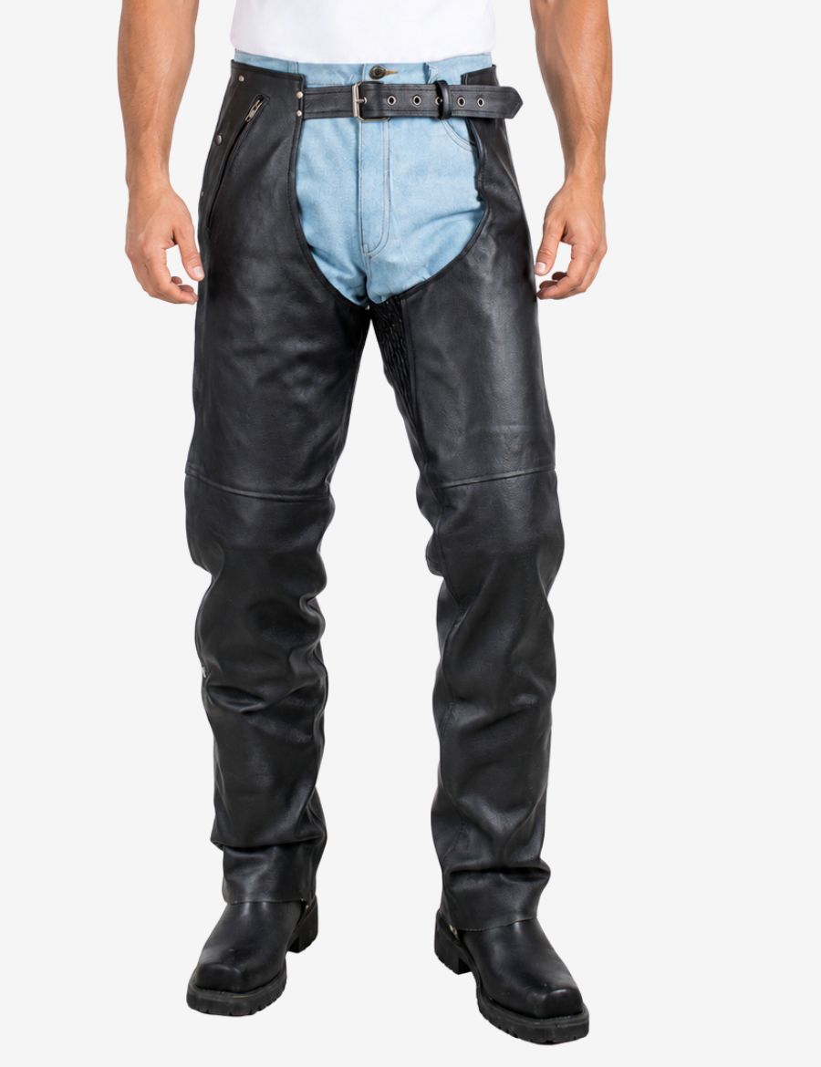 Front view of rider fit cowhide leather chaps for men with smooth black leather and adjustable waist belt.