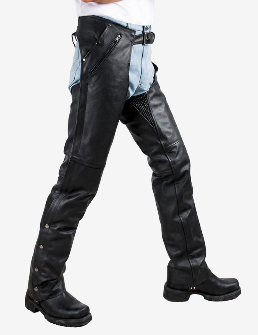Side view of rider fit leather motorcycle chaps for men with snap leg closure and tapered biker fit.