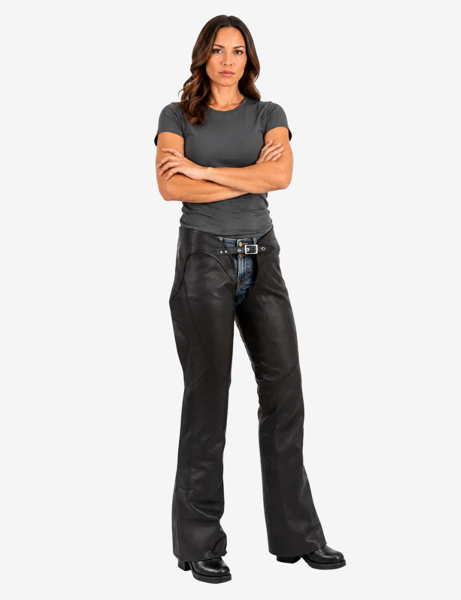 Female model wearing Roadster soft leather women's chaps showcasing a streamlined fit for motorcycle riding comfort and protection.