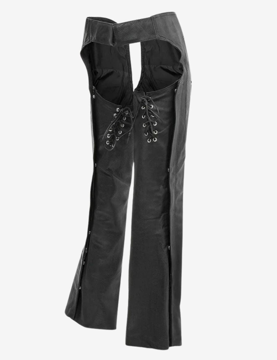 Rear angled view of Roadster soft leather women's chaps showcasing lace-up back adjustment and full-length leg zippers.