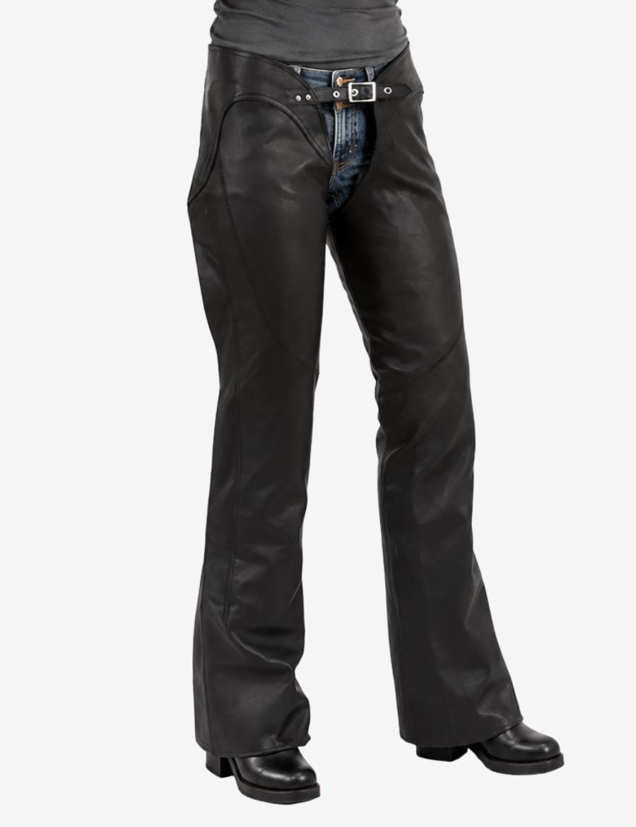 Roadster soft leather women's motorcycle chaps featuring a sleek low-profile design and adjustable front belt closure.