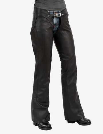 Roadster soft leather women's motorcycle chaps featuring a sleek low-profile design and adjustable front belt closure.