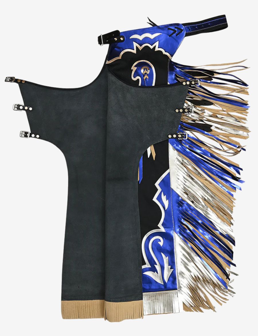 Inside view of black leather rodeo chaps with blue and silver fringe showing suede lining and buckle strap construction.