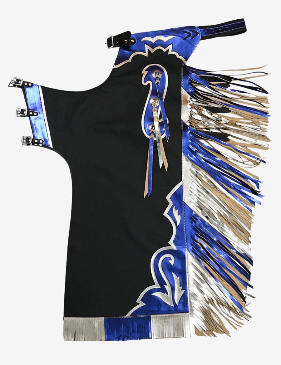 Black leather rodeo chaps with blue and silver fringe featuring bold western styling and premium bull riding design.