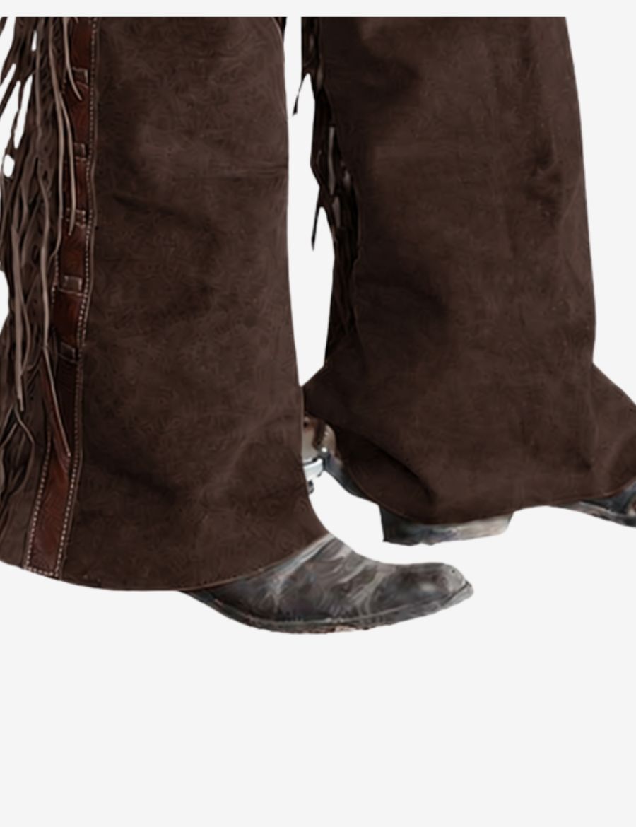 Close-up bottom section of rustic brown suede shotgun chaps showing textured suede finish and traditional riding coverage.