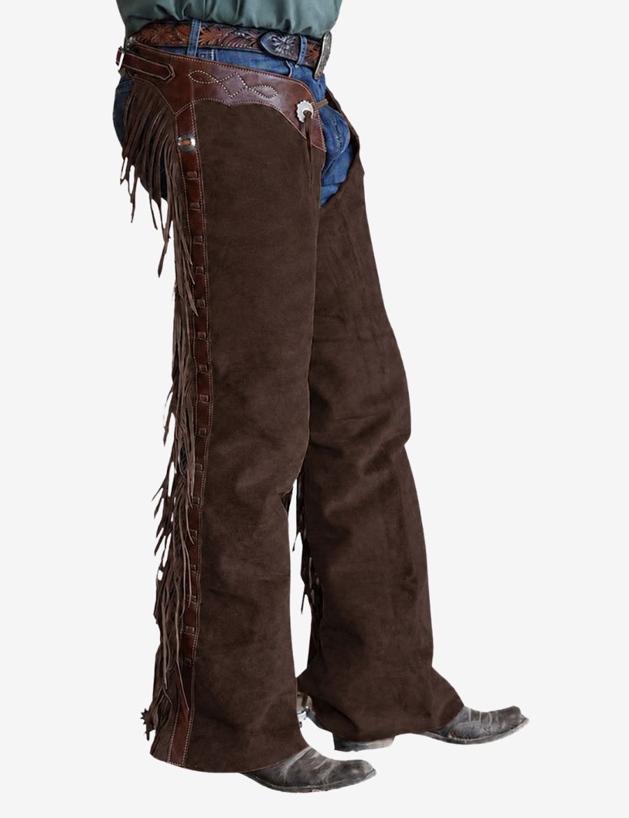 Right side profile of rustic brown suede shotgun chaps featuring flowing fringe trim and weathered western leather detailing.