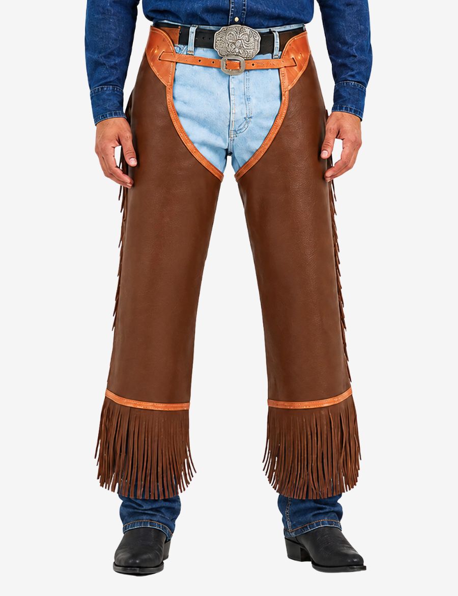 Close front view of saddle brown concho chinks chaps featuring smooth leather, fringe trim, and western buckle.