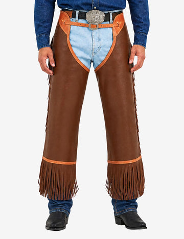 Close front view of saddle brown concho chinks chaps featuring smooth leather, fringe trim, and western buckle.