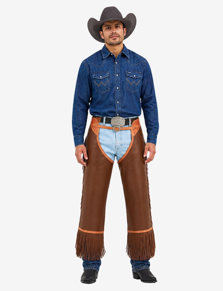 Front model view of saddle brown concho chinks chaps with leather fringe, western belt, and cowboy riding style.