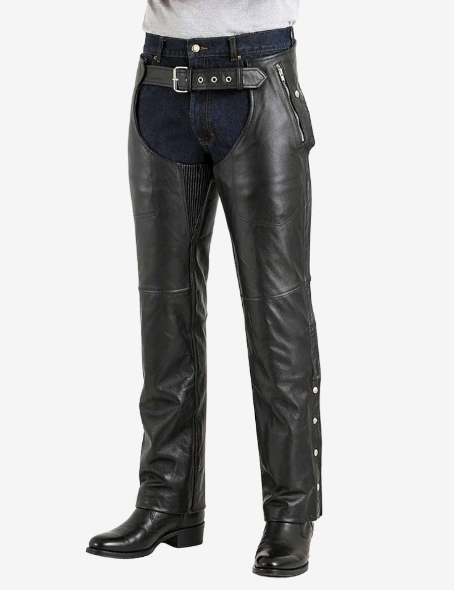 Angled front view of soft leather motorcycle chaps for men featuring utility pocket and reinforced riding panels.
