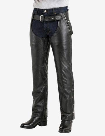 Angled front view of soft leather motorcycle chaps for men featuring utility pocket and reinforced riding panels.