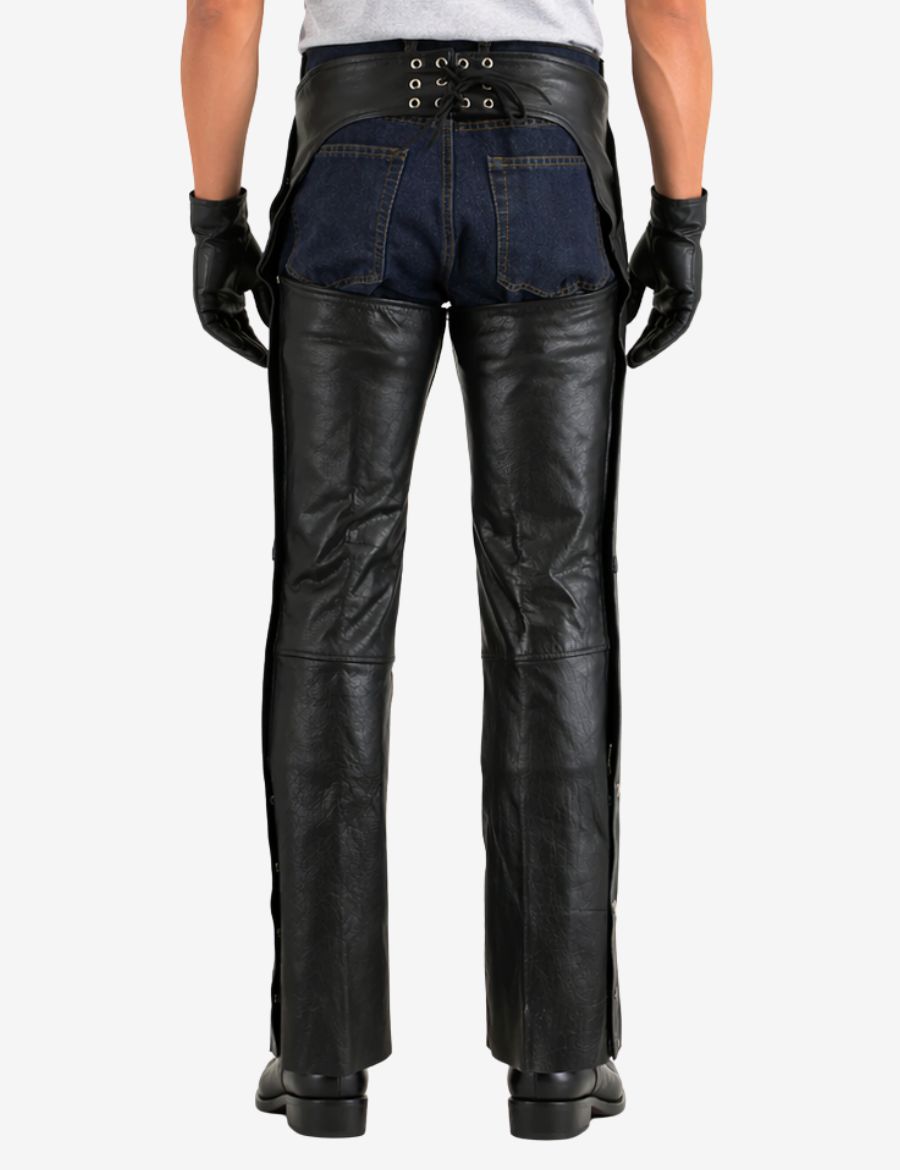 Back view of men’s soft leather motorcycle chaps with lace-up waistband and full leg riding coverage.
