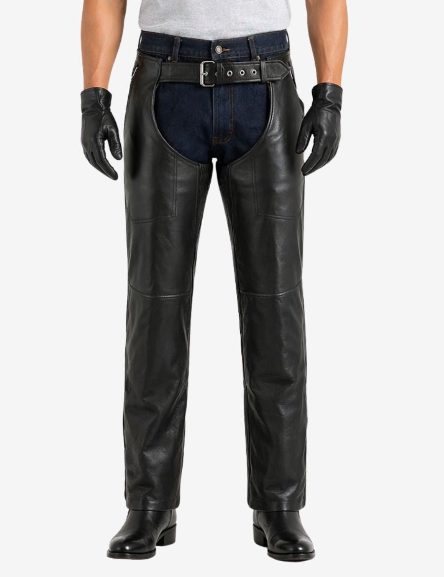 Front view of soft leather multi pocket motorcycle chaps with adjustable waist belt and smooth black leather finish.