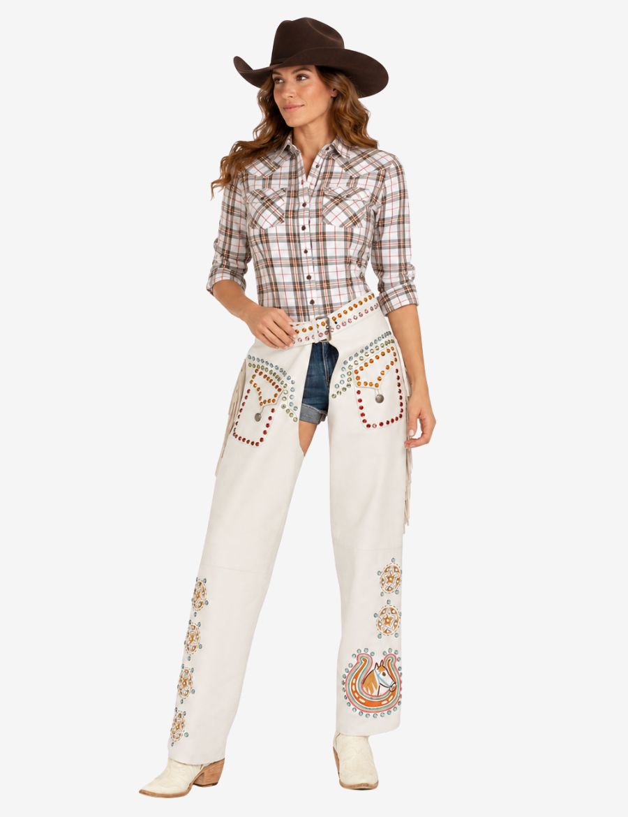 white cowgirl chaps featuring colorful stud embellishments and western inspired artwork.