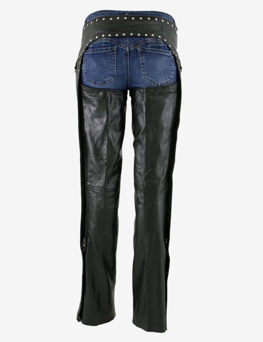 Rear view of studded leather ladies motorcycle chaps showing waistband adjustment, full-leg coverage, and reinforced biker protection construction.