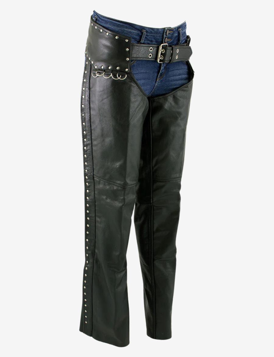 Side angled view of studded women’s motorcycle leather chaps highlighting rivet trim, structured leg fit, and durable riding leather design.