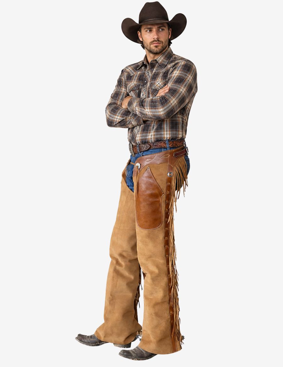 Male model wearing tan suede shotgun chaps with fringe styled for western riding, rodeo wear, and cowboy fashion.