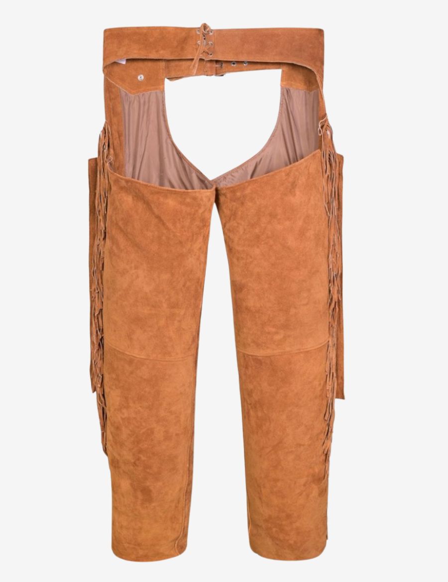 Back view of tan suede western chaps for women featuring fringe trim, smooth lining, and classic ranch style.