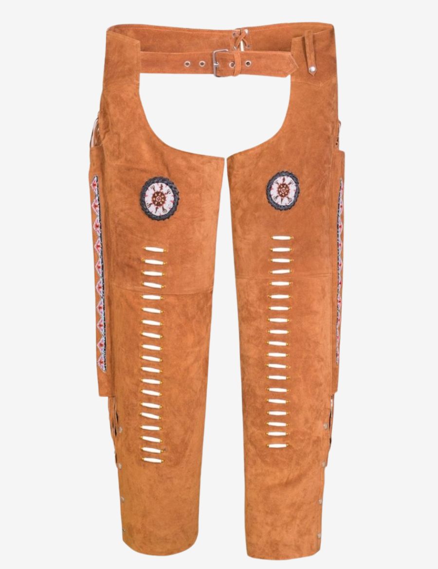 Front view of tan suede western chaps for women with adjustable waist, traditional western design, and cutout details.