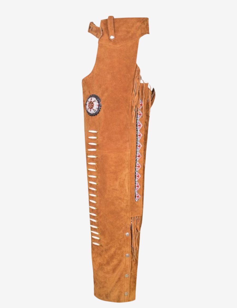 Side profile of tan suede western chaps for women highlighting fringe details and authentic cowgirl craftsmanship.