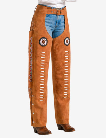 tan suede western chaps for women showcasing decorative accents and premium suede leather.