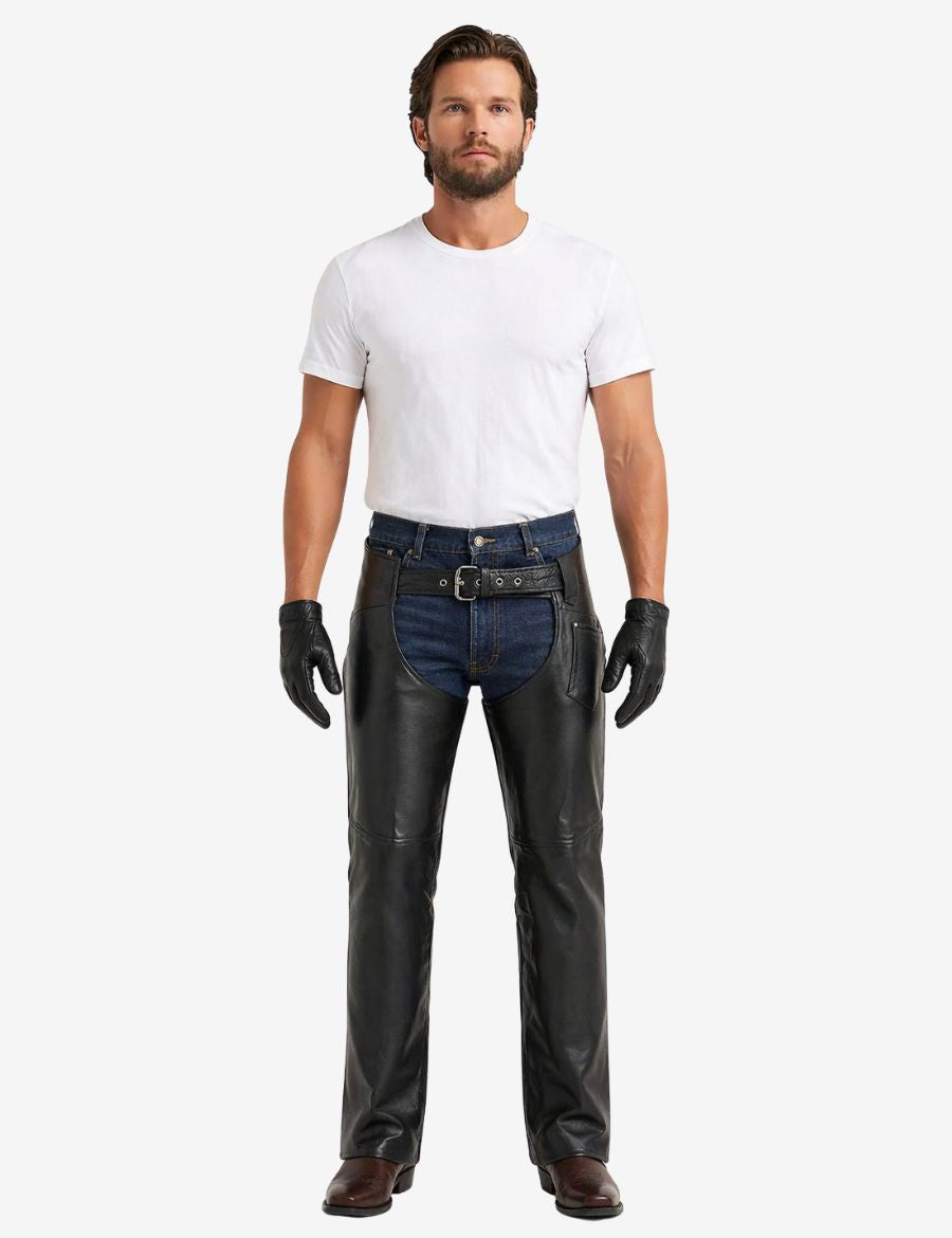 Front view of Titan Classic black mens motorcycle chaps with buckle belt and smooth leather finish.
