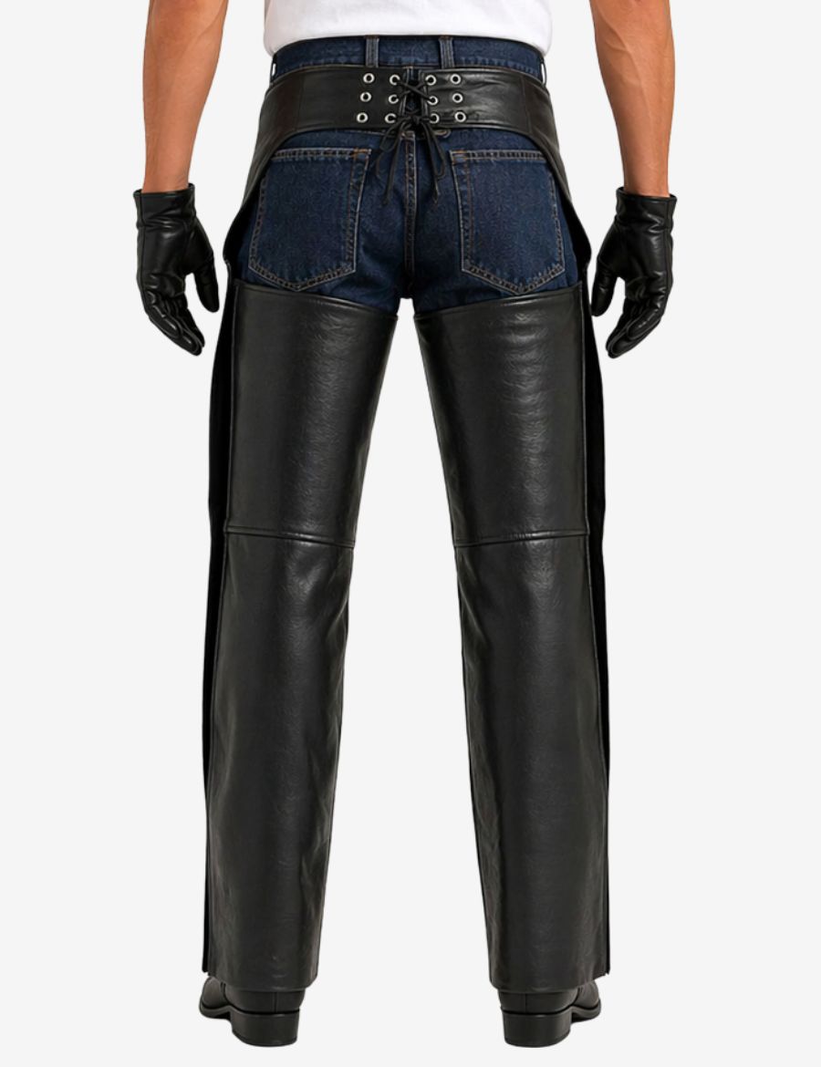 Back view of Titan Classic black mens motorcycle chaps with lace-up rear waist and open back design.