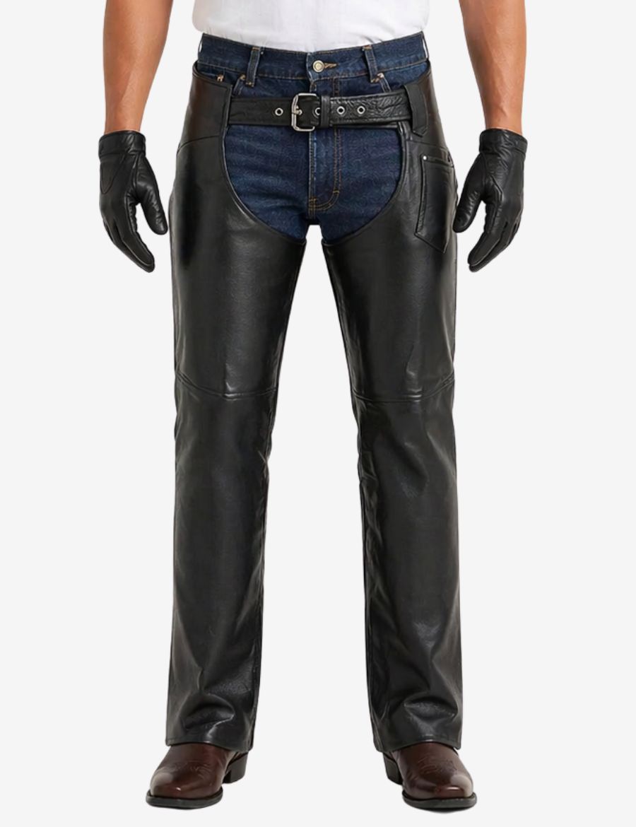 Front view of Titan Classic black mens motorcycle chaps with buckle belt and smooth leather finish.
