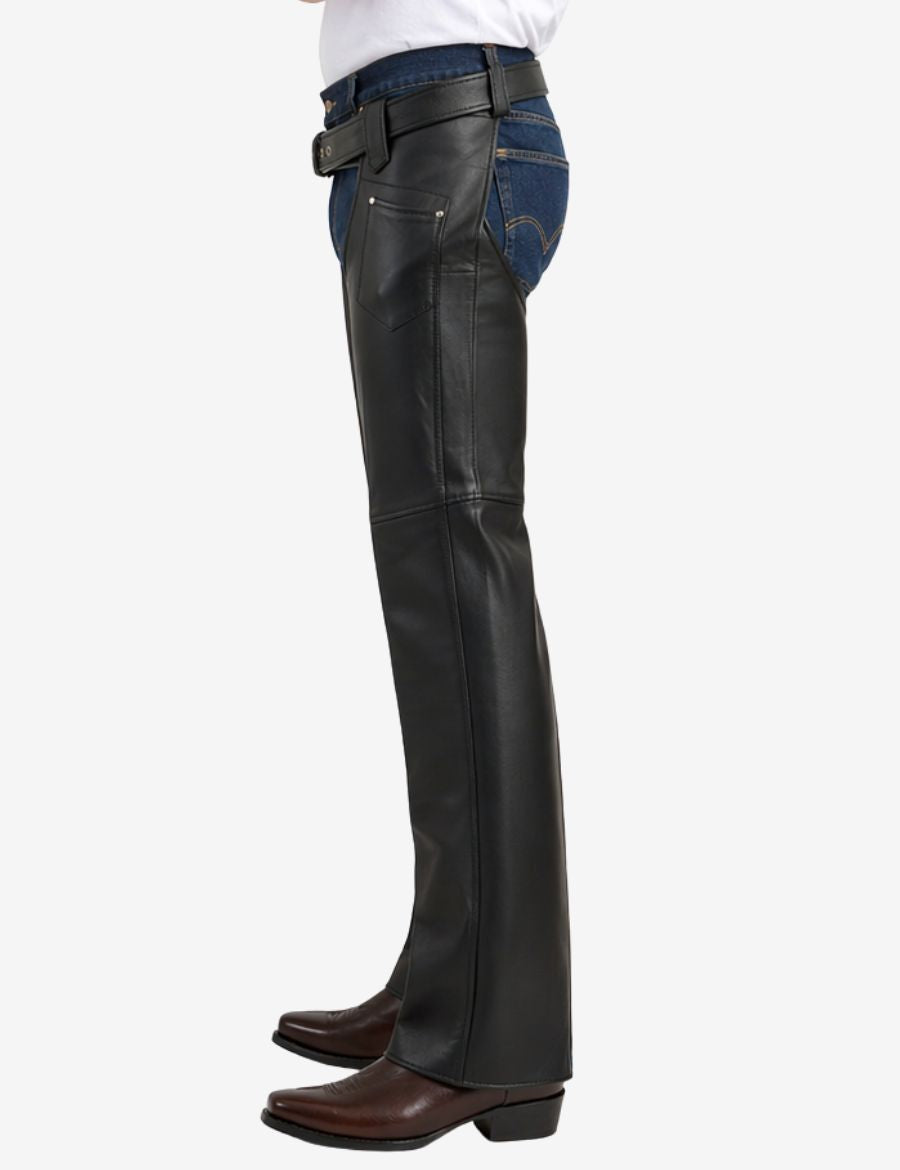 Side view of Titan Classic black mens motorcycle chaps with side pocket and sleek riding profile.
