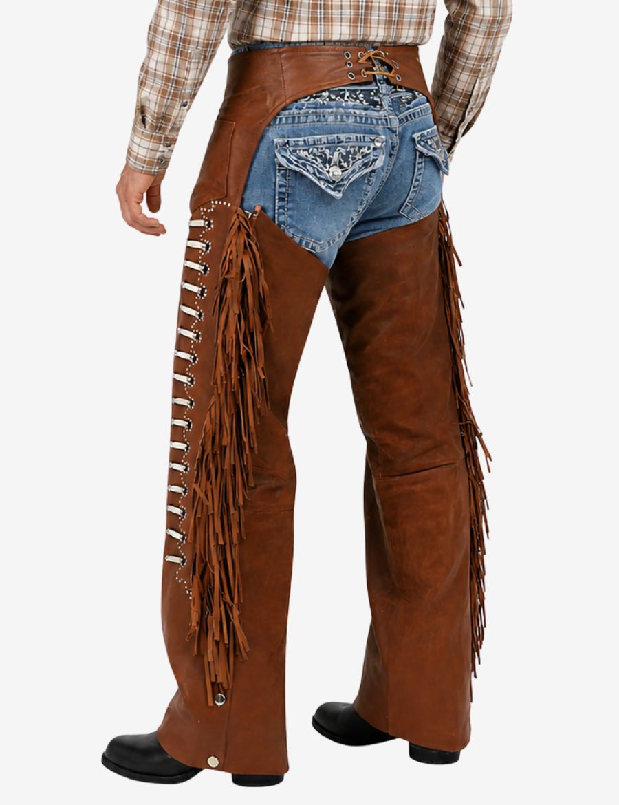 Angled back view of mens brown leather fringe chaps with long western tassels and biker fit.