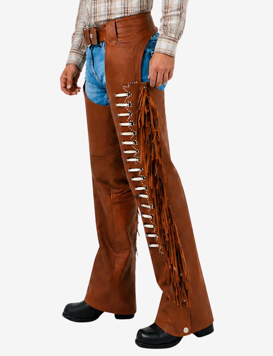 Angled front view of top grain brown leather fringe chaps for men with western riding style.