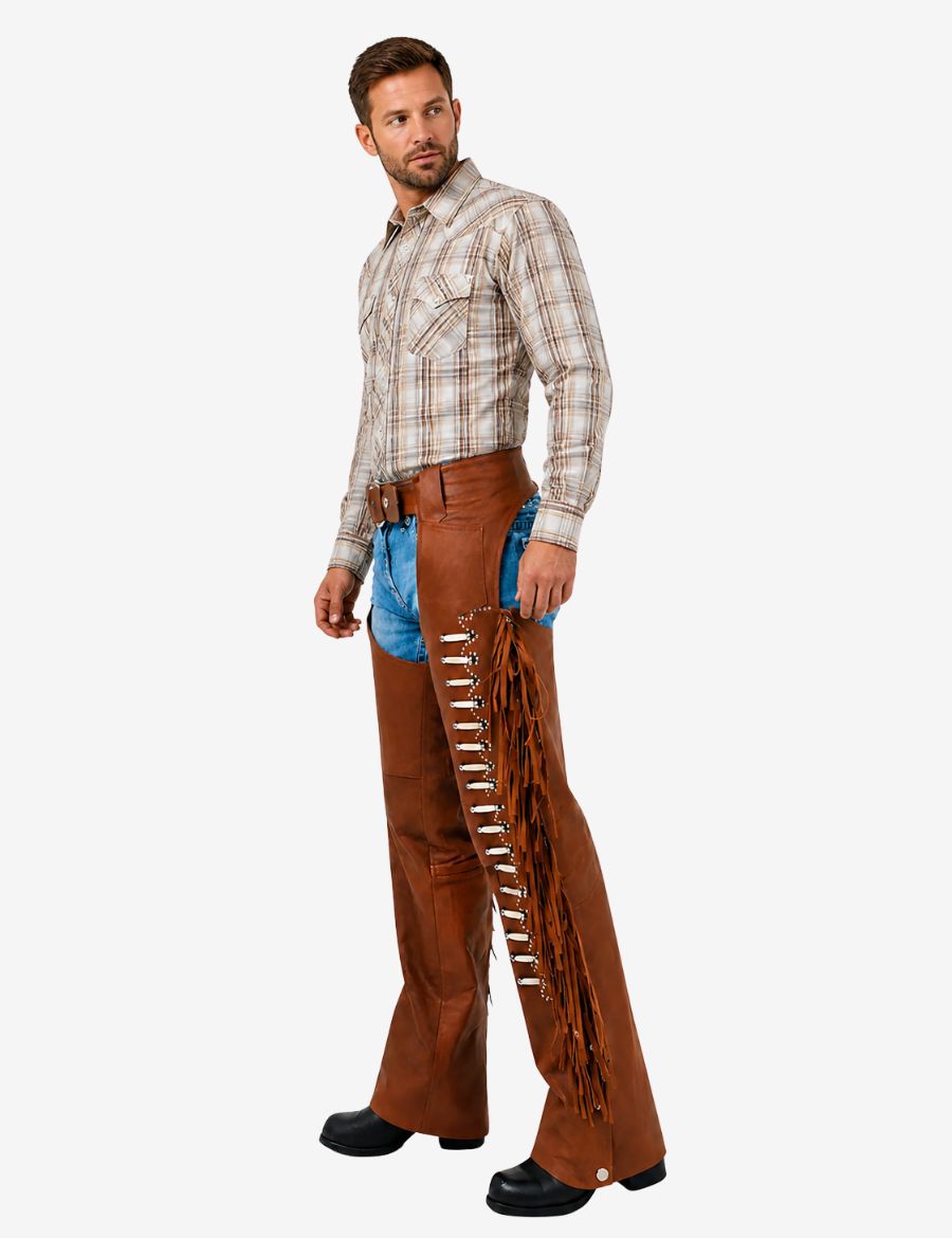 Male model wearing top grain brown leather fringe chaps with western cowboy inspired riding style.