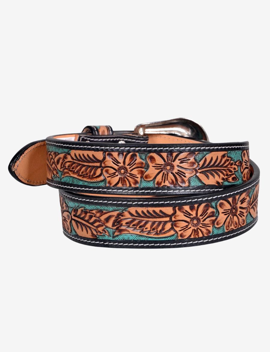 Hand tooled western leather belt with turquoise background, floral carvings, and classic cowboy styling.