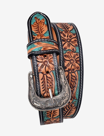 Western leather belt featuring turquoise accents, floral tooling, and an engraved silver western buckle.