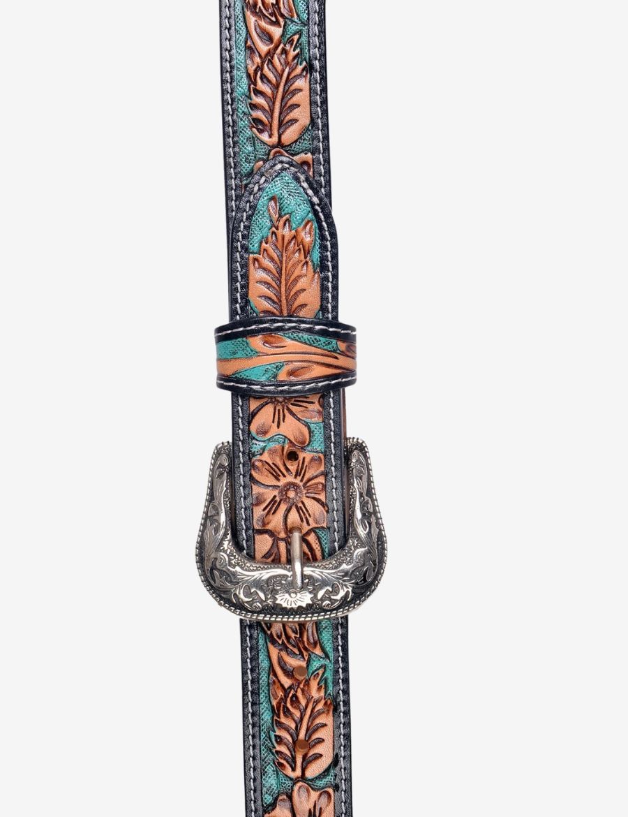 Cowboy western leather belt showcasing turquoise accents, floral tooling, and engraved buckle hardware.