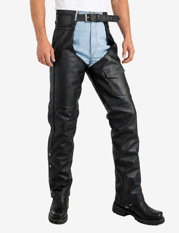 Angled front view of black utility braided leather chaps for men with side braiding and flap Utility pocket.