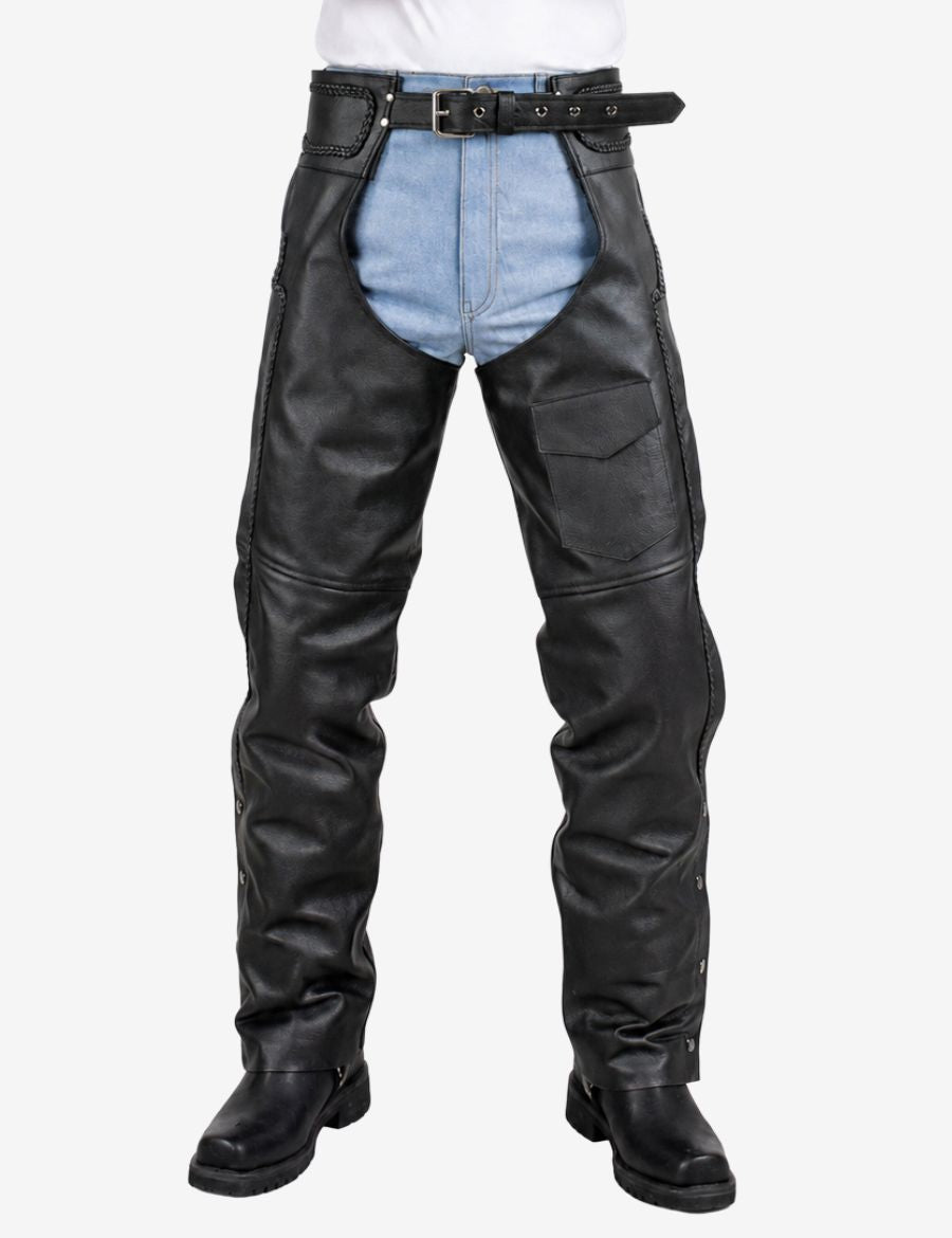 Front view of utility braided leather chaps for men with Utility pocket and black biker style design.